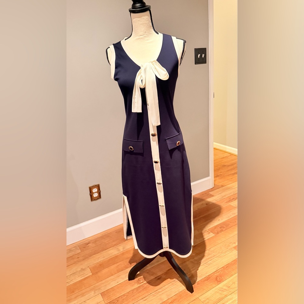 Nicole Miller Navy and White Button-Front Midi Dress